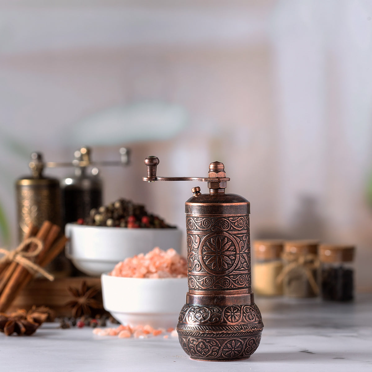 Salt and Black Pepper Grinder, Refillable Spice Grinder, Authentic Vintage Turkish Pepper Mill Decorative, 4.2 in, Antique Copper, Bronze